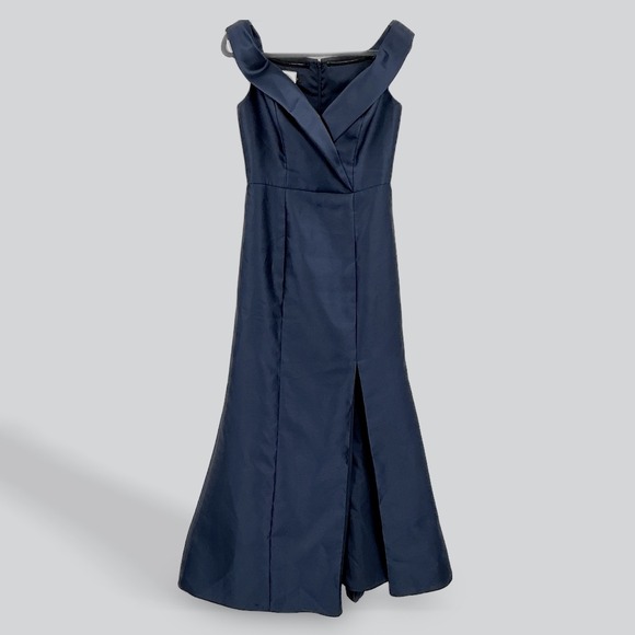 Alfred Sung Navy Midnight Blue Off The Shoulder Satin Gown Size 8 Evening Formal - Picture 2 of 15